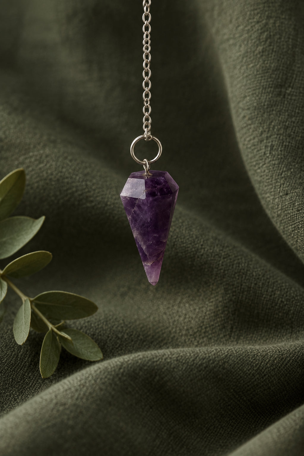 A faceted purple crystal cone pendant necklace hanging from a silver chain, displayed on a textured light gray fabric surface with a floral candle and green leaves in the background.