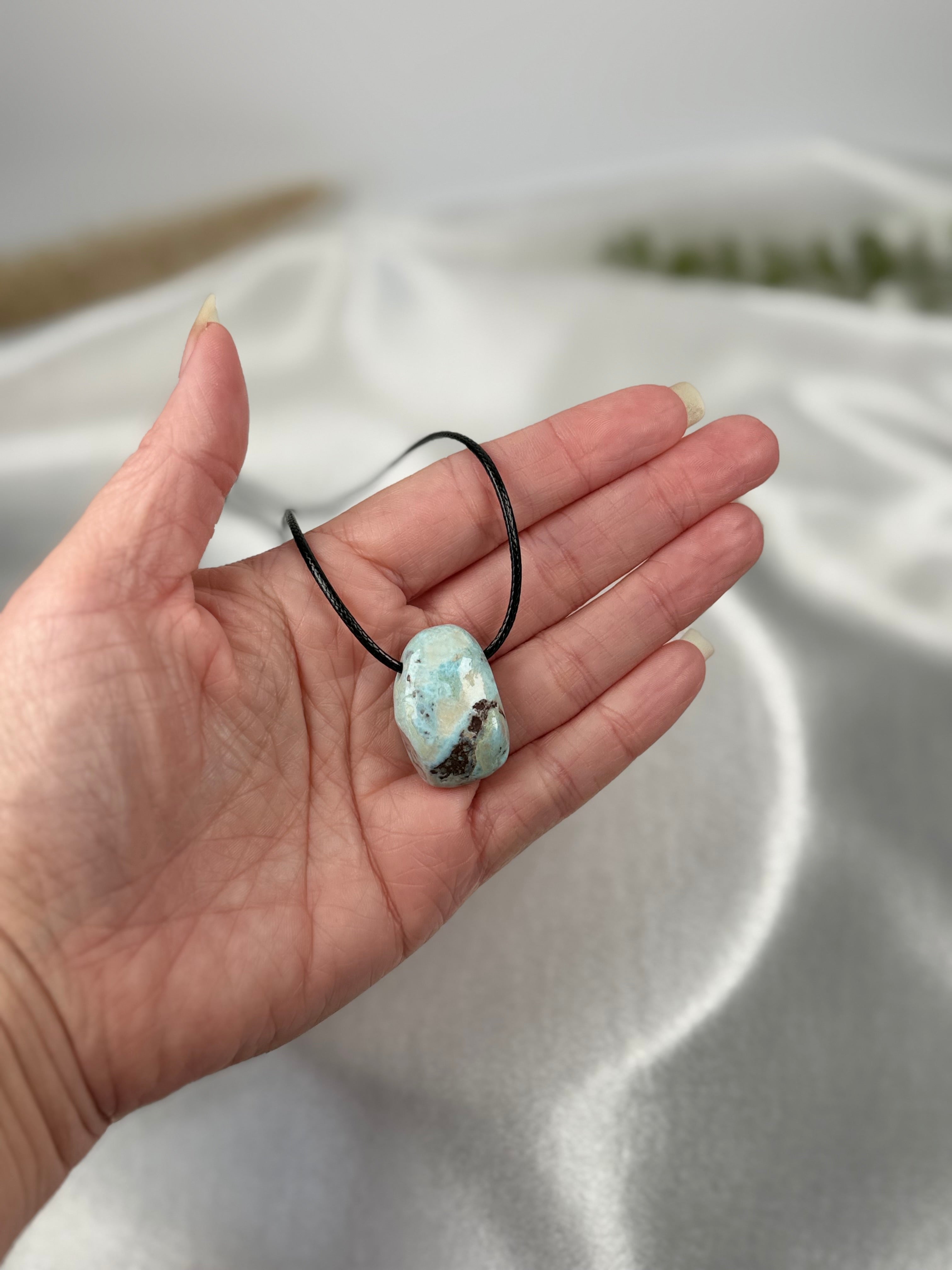 Natural Larimar Stone Pendant Necklace on Cord