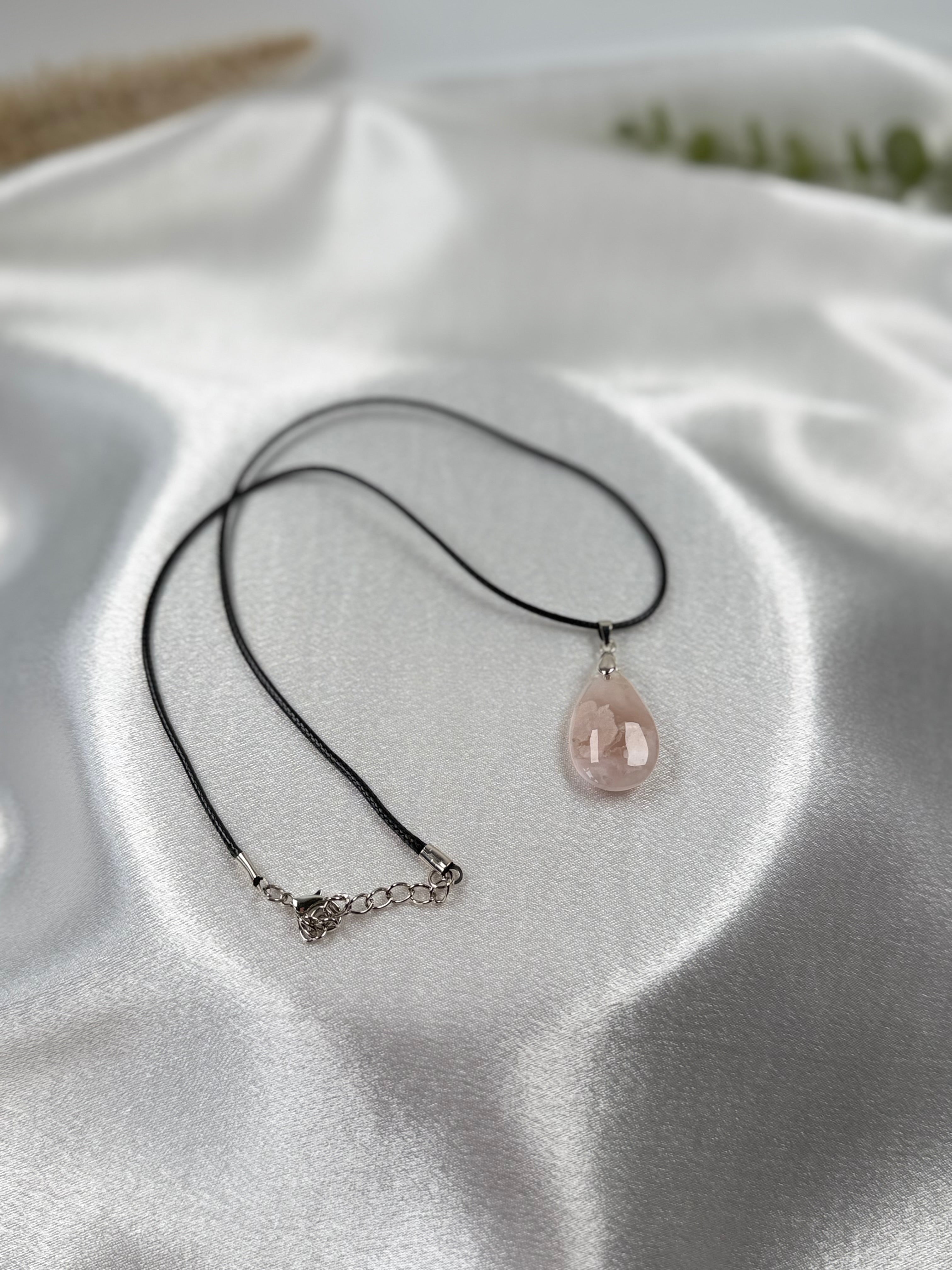 Necklace - Flower Agate Pendant Teardrop