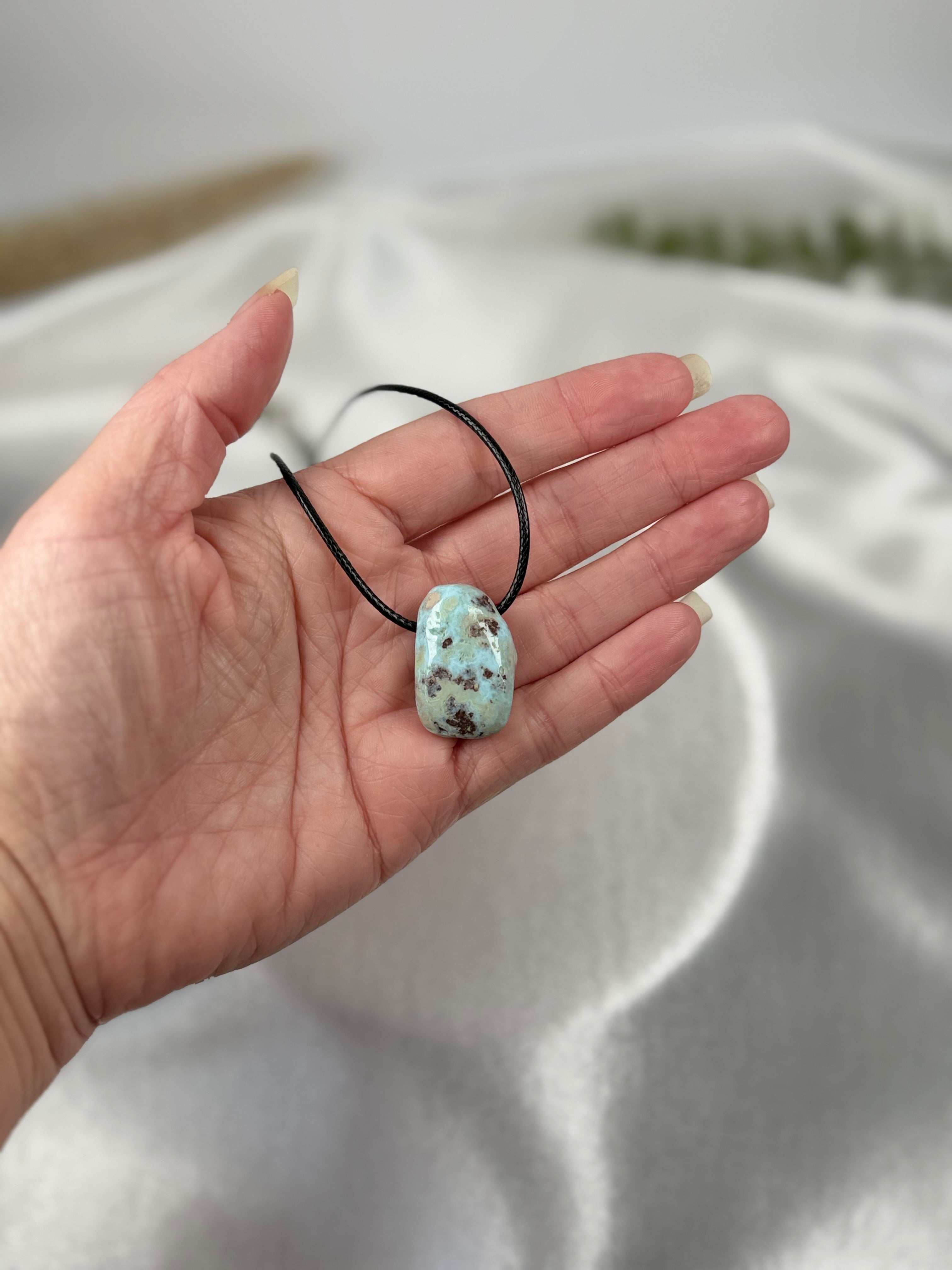 Natural Larimar Stone Pendant Necklace on Cord