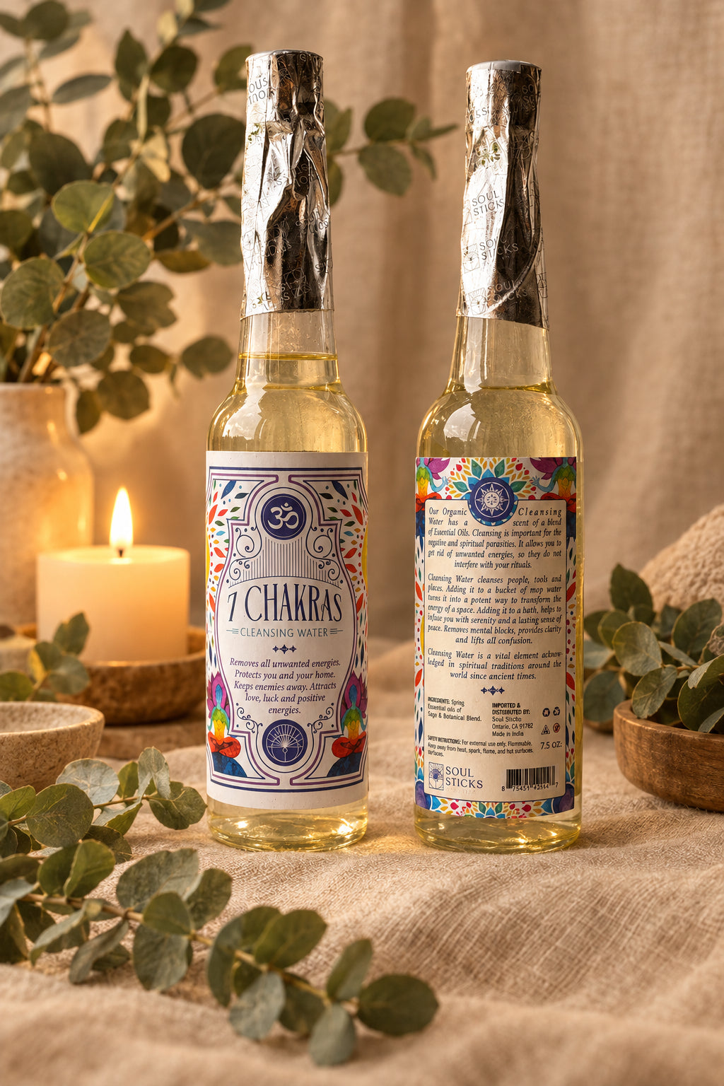 7 Chakras Cleansing Water bottles showing front and back labels