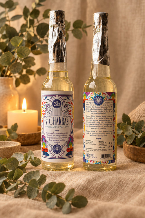 7 Chakras Cleansing Water bottles showing front and back labels