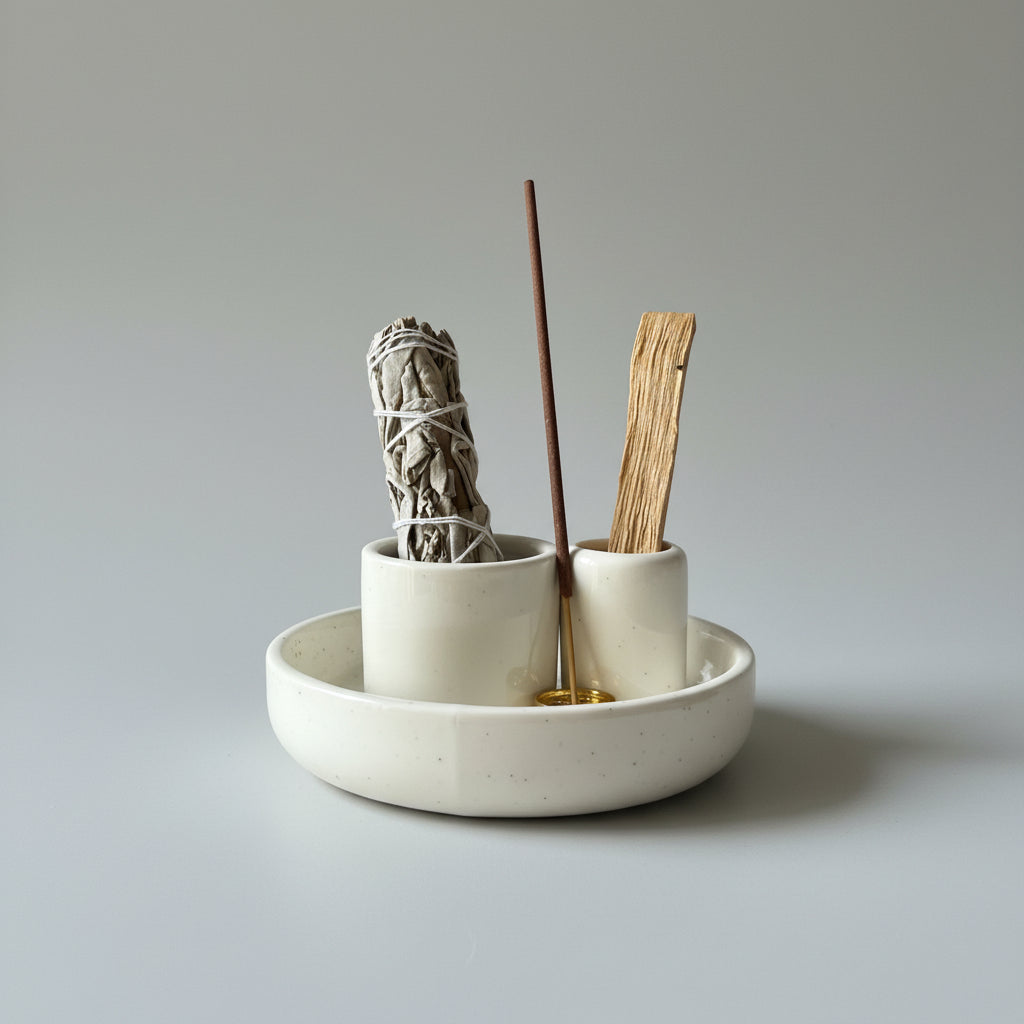 smudge kit A ceramic incense burner set with a shallow round tray, two small cylindrical holders, and a central holder with a gold-toned base, styled with a white sage bundle, a wooden stick, and an incense stick on a textured light gray fabric backdrop.