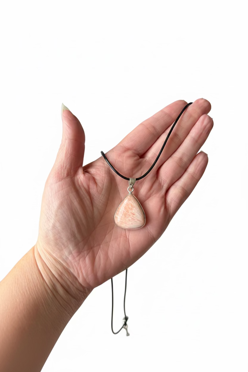 Treasured Energies scolecite teardrop pendant resting in an open palm