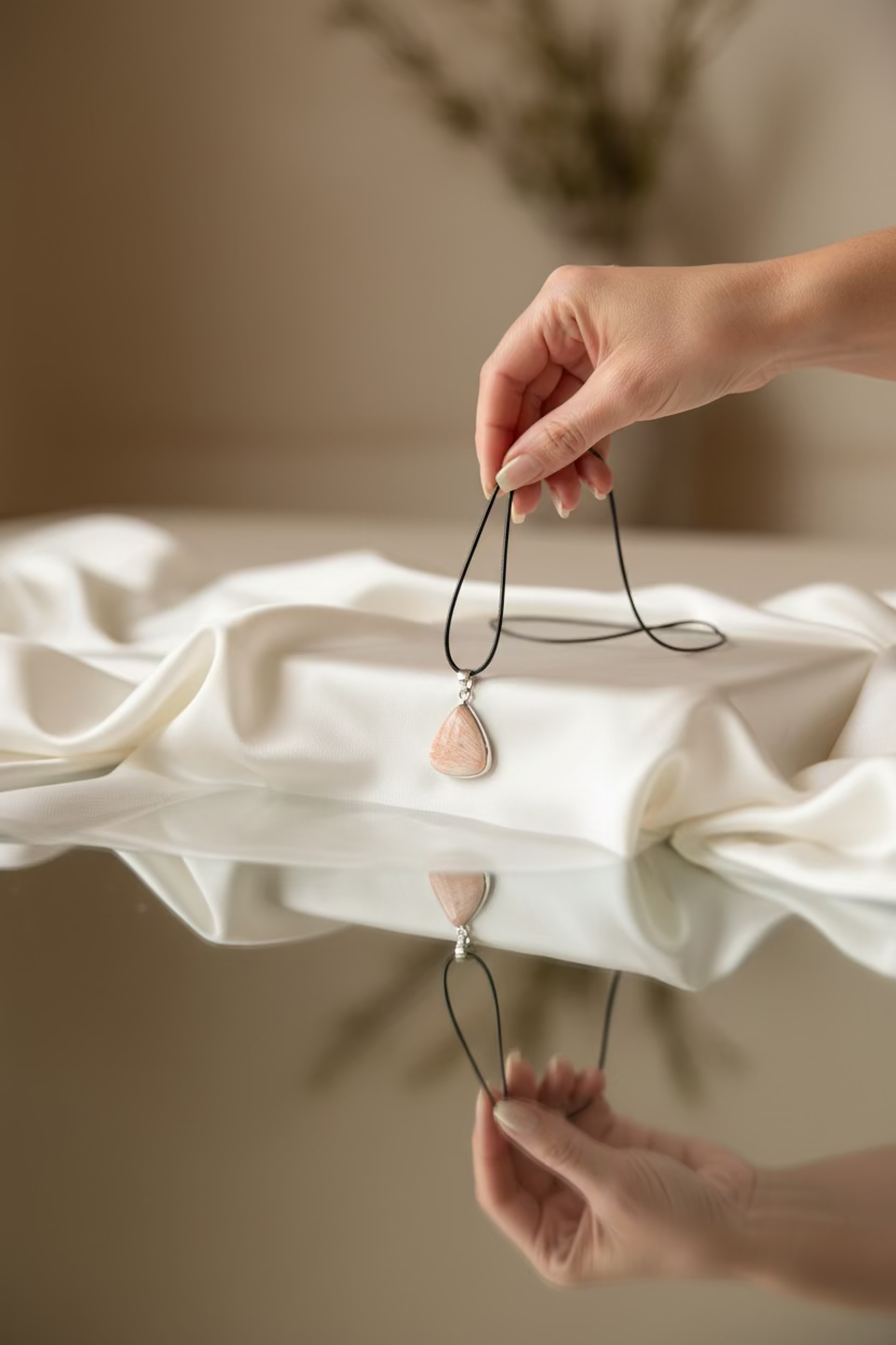 Treasured Energies scolecite teardrop pendant necklace being held between fingers close up