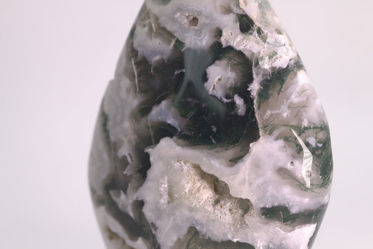 Polished Moss Agate Flame Crystal Sculpture