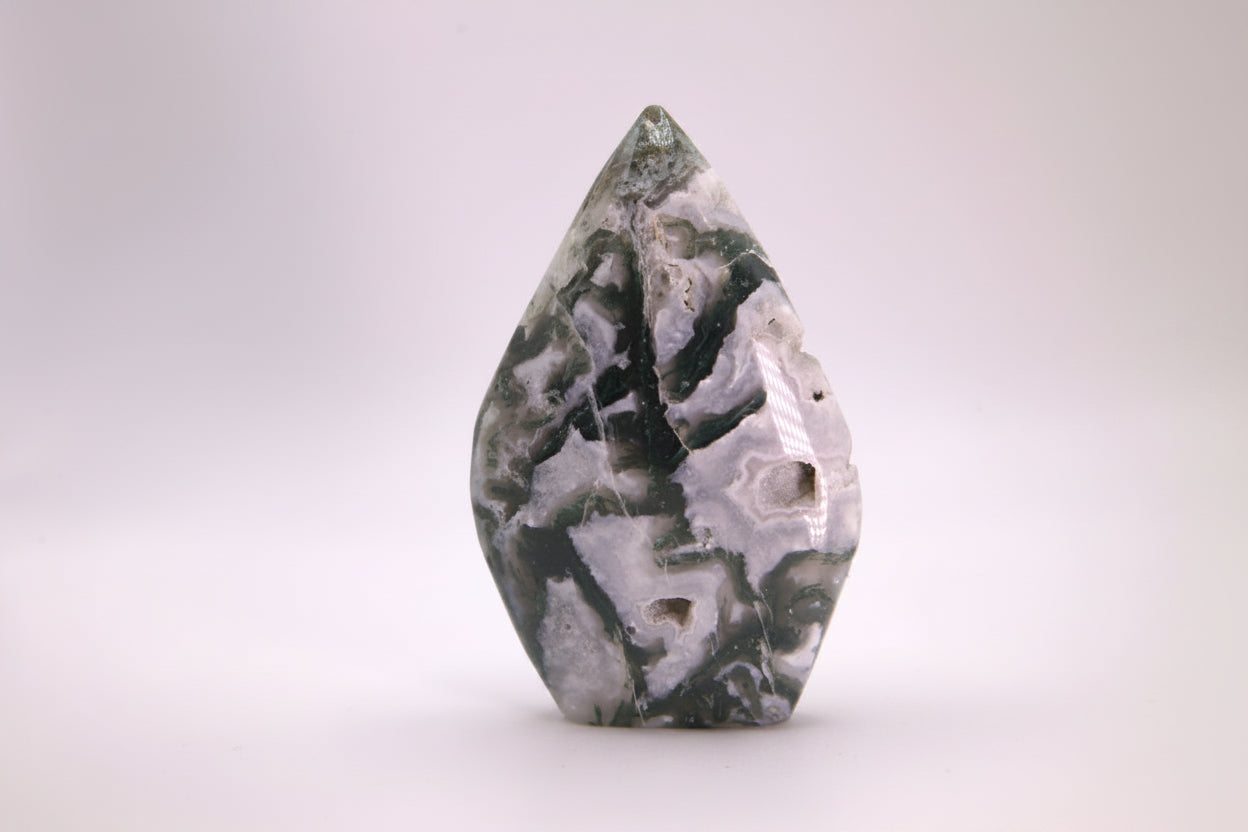 Polished Moss Agate Flame Crystal Sculpture