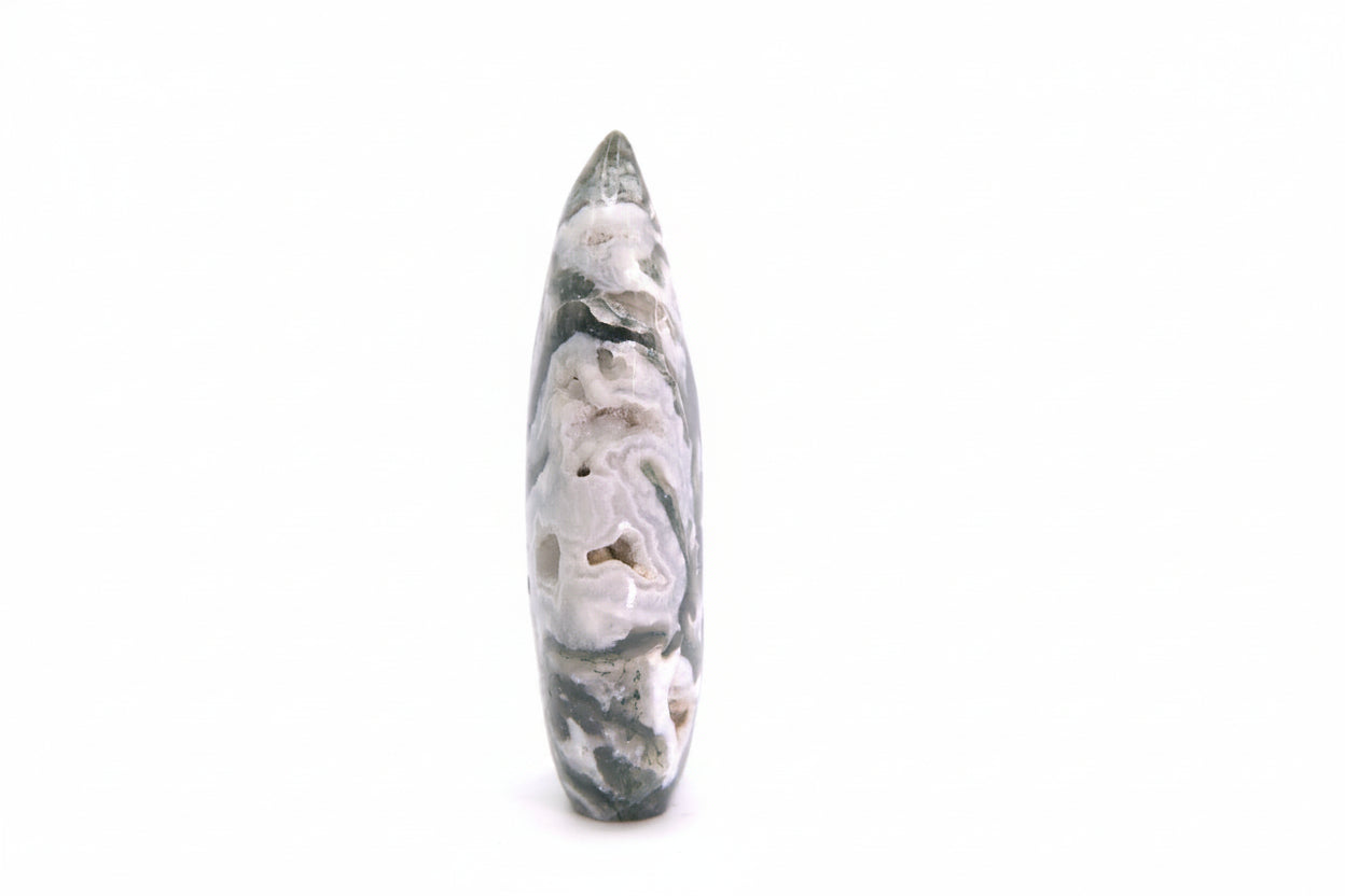 Polished Moss Agate Flame Crystal Sculpture