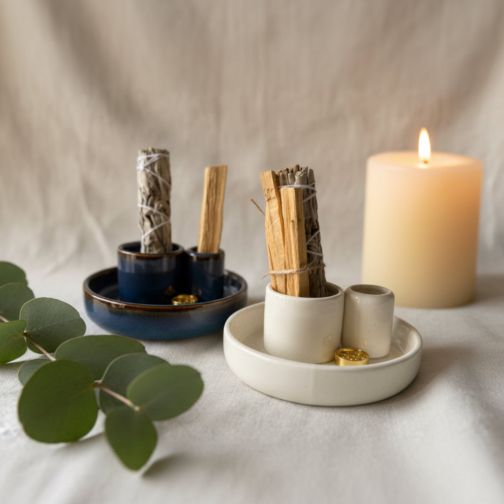 Two ceramic smudge kit holders with white and dark blue glazes, containing bundles of dried herbs and sage sticks, arranged on a textured white fabric surface with a blurred background.