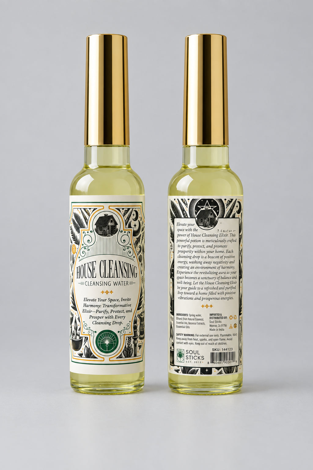 Soul Sticks House Cleansing Water bottles showing front and back labels