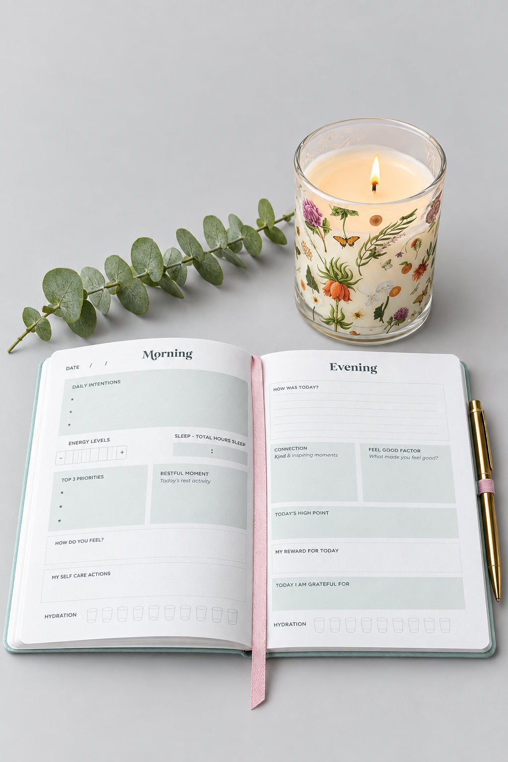 Teal and purple Wellness Journal with gold-tone crystal-filled pen