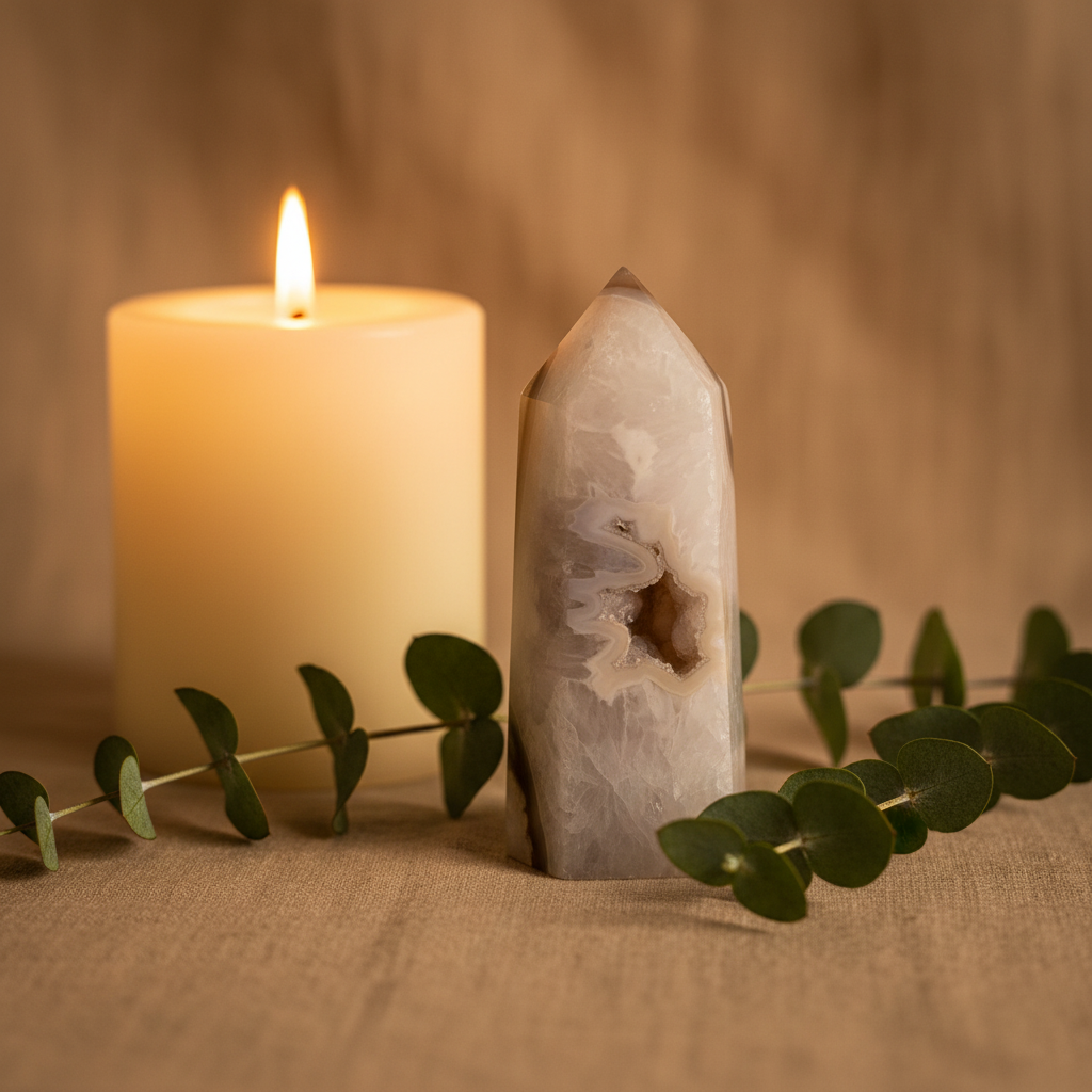Agate Druzy Tower - Linen, Candle & Eucalyptus