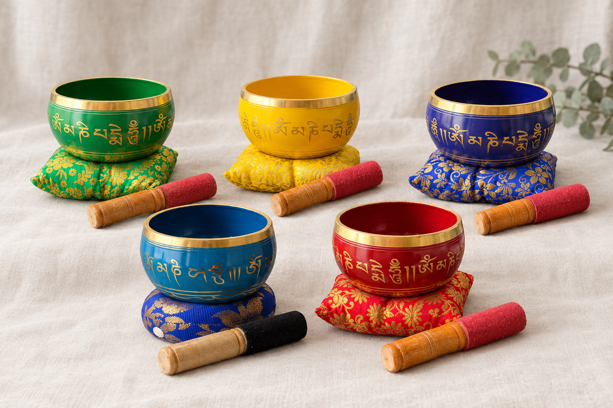 All five singing bowl colours together on ivory linen