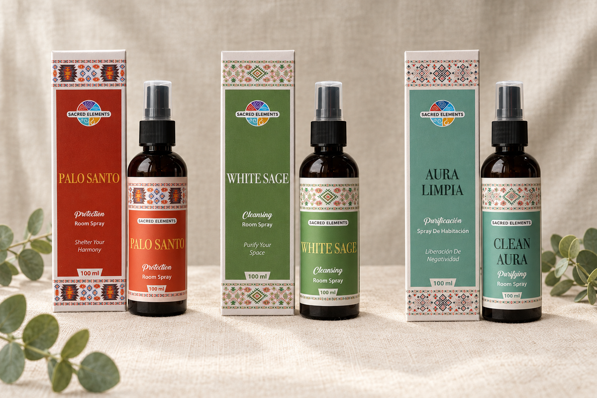 All three Sacred Elements room sprays with matching boxes