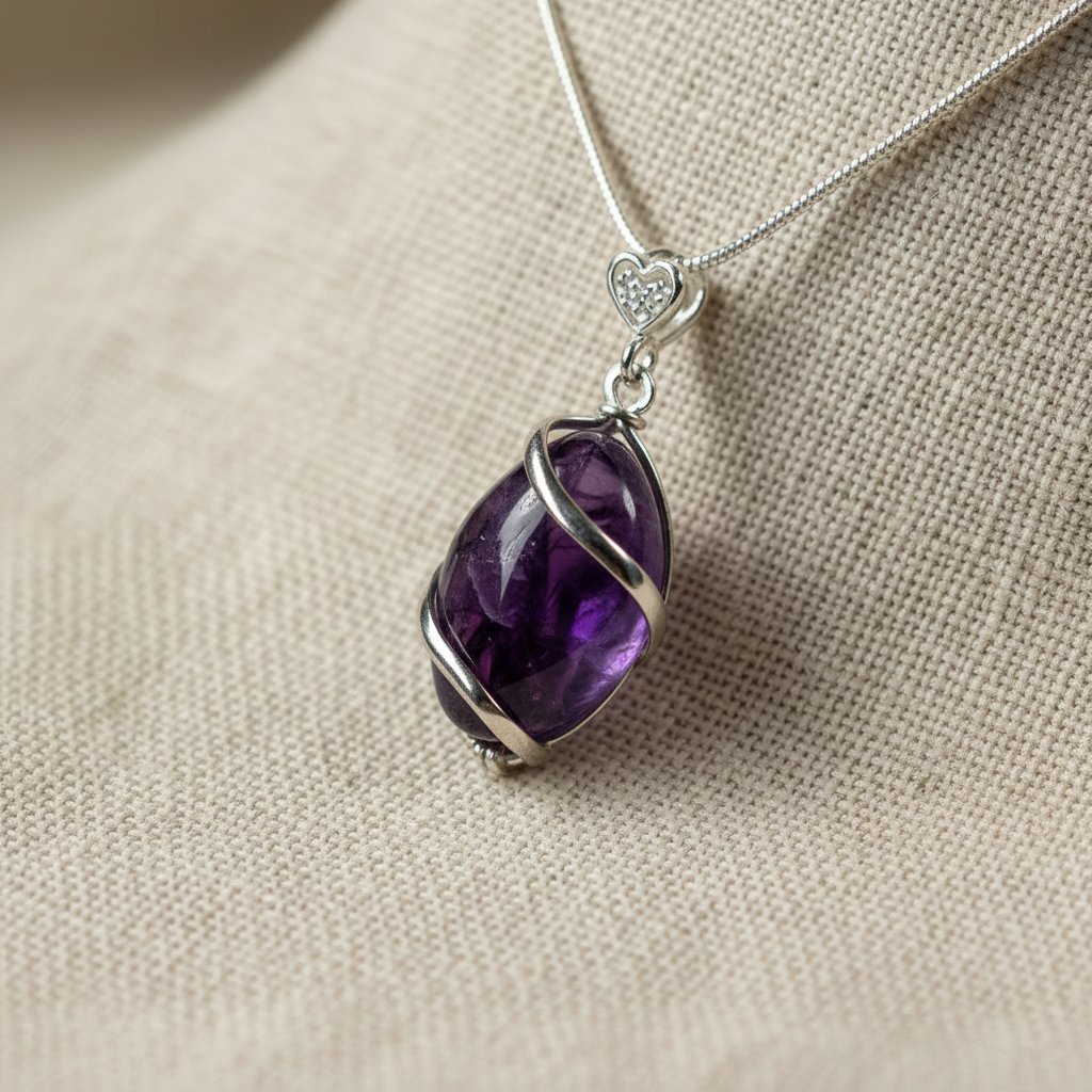Amethyst Crystal Pendant on Linen Close-Up