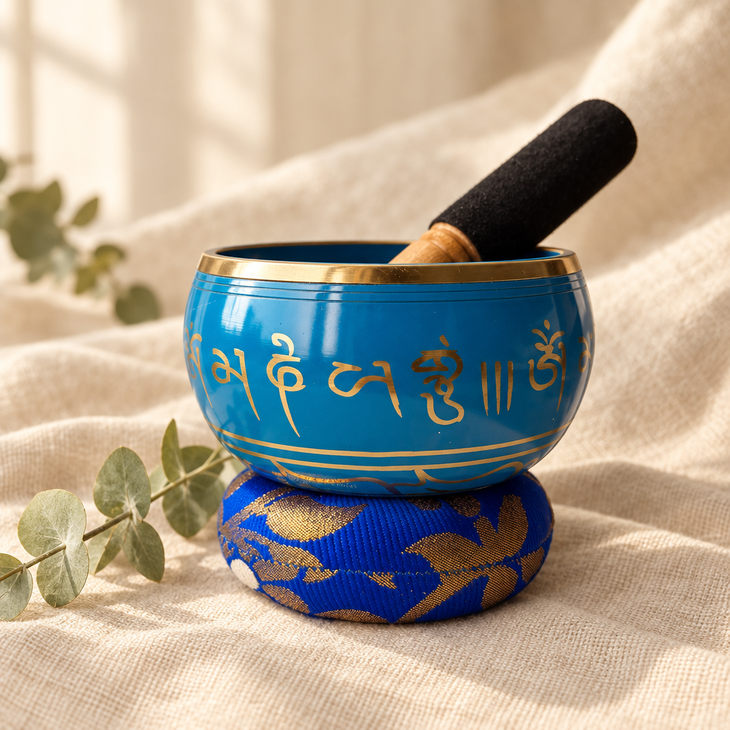 Blue singing bowl elevated view