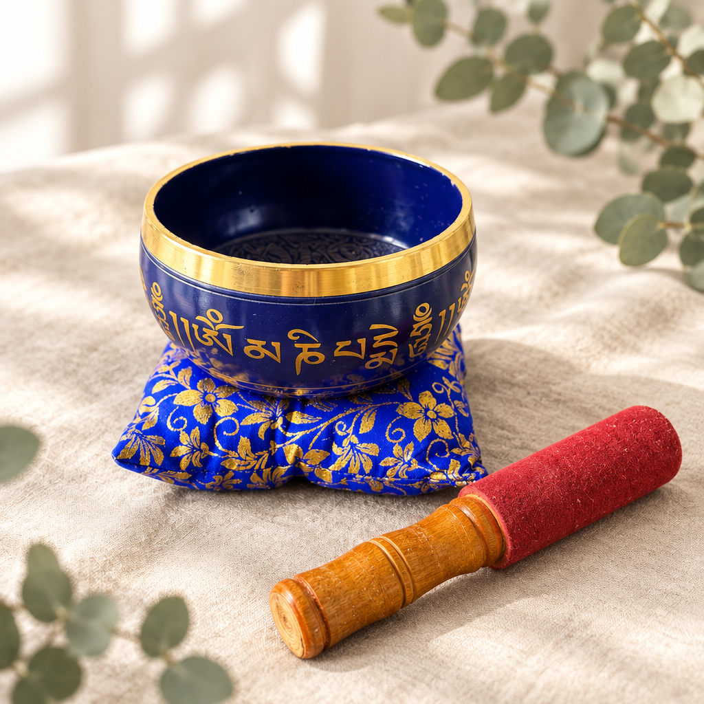 Deep purple singing bowl set on ivory linen