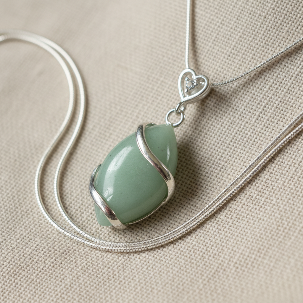 Green Jade Pendant on Linen Close-Up