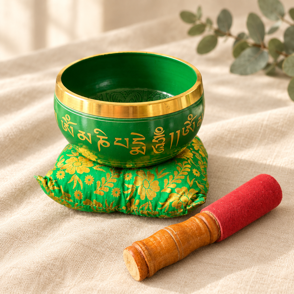 Green singing bowl set on ivory linen