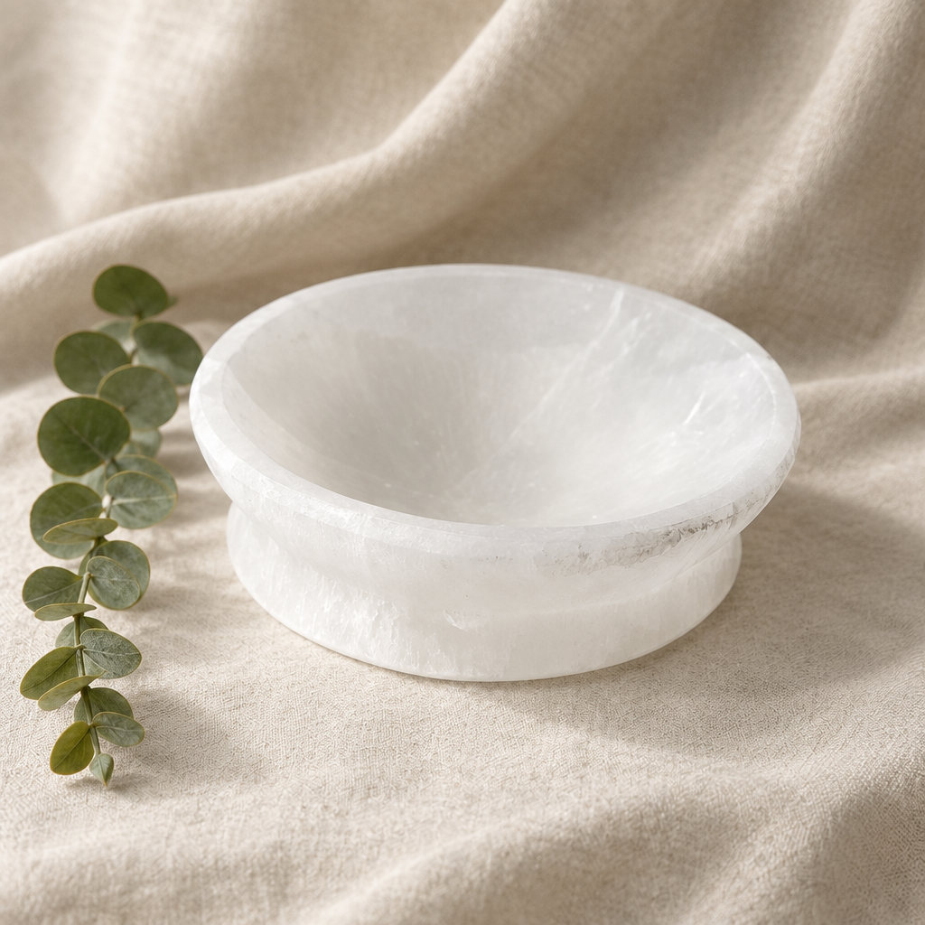 Large selenite bowl on warm linen with eucalyptus
