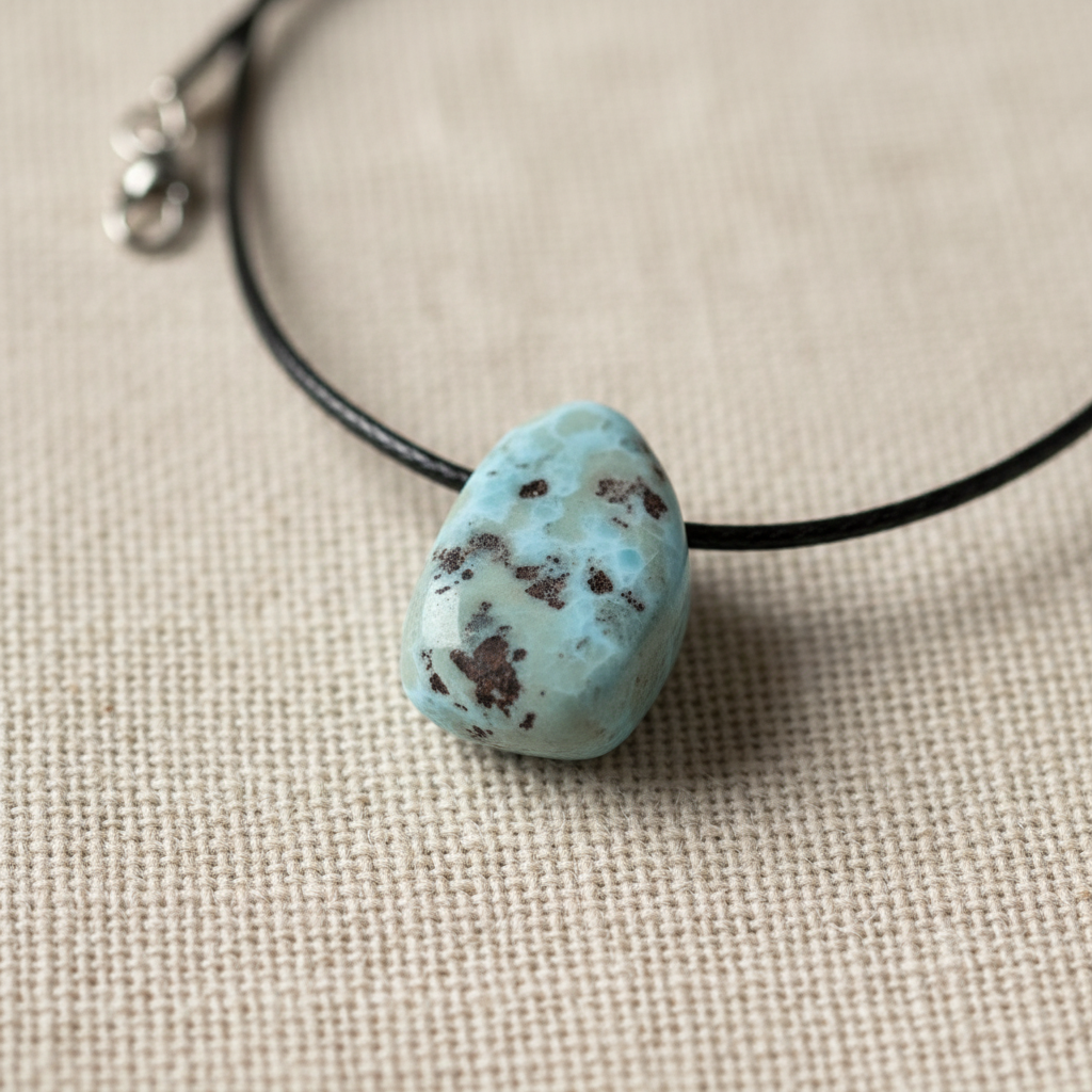 Larimar Pendant on Linen Close-Up