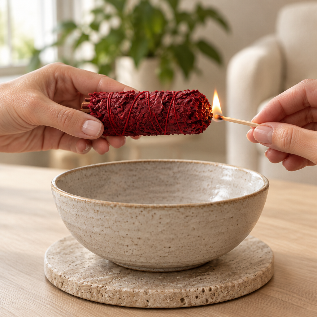 Lifestyle scene of an adult lighting a dragon’s blood sage stick over a heatproof bowl