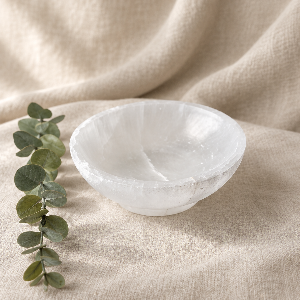 Medium selenite bowl on warm linen with eucalyptus