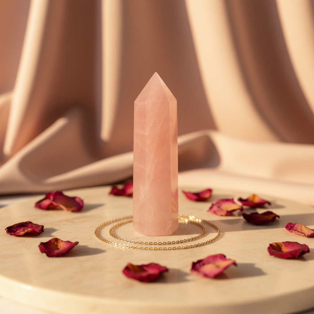 Polished Rose Quartz Crystal Point Tower Social Post