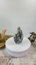 Polished Moss Agate Flame Crystal Sculpture