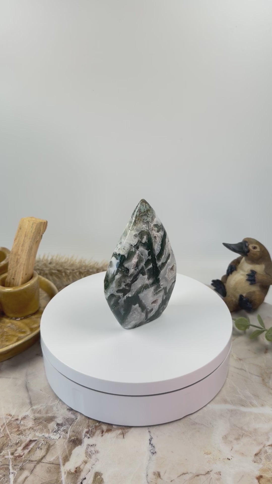 Polished Moss Agate Flame Crystal Sculpture