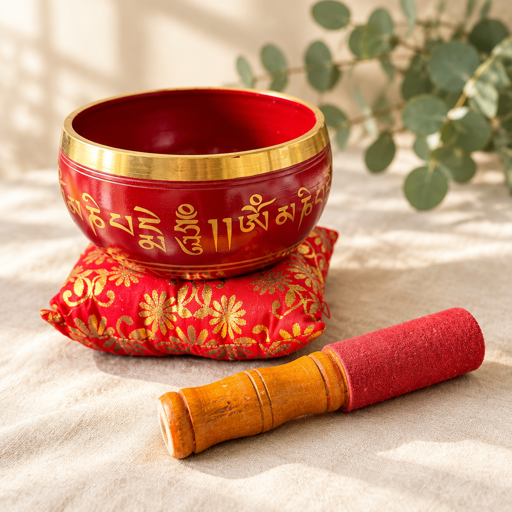 Red singing bowl set on ivory linen
