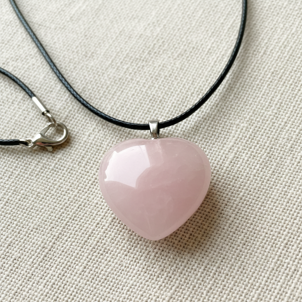 Rose Quartz Heart Pendant on Linen Close-Up