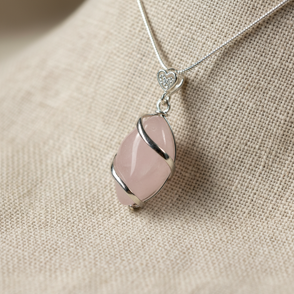 Rose Quartz Crystal Necklace Pendant Close-Up on Linen