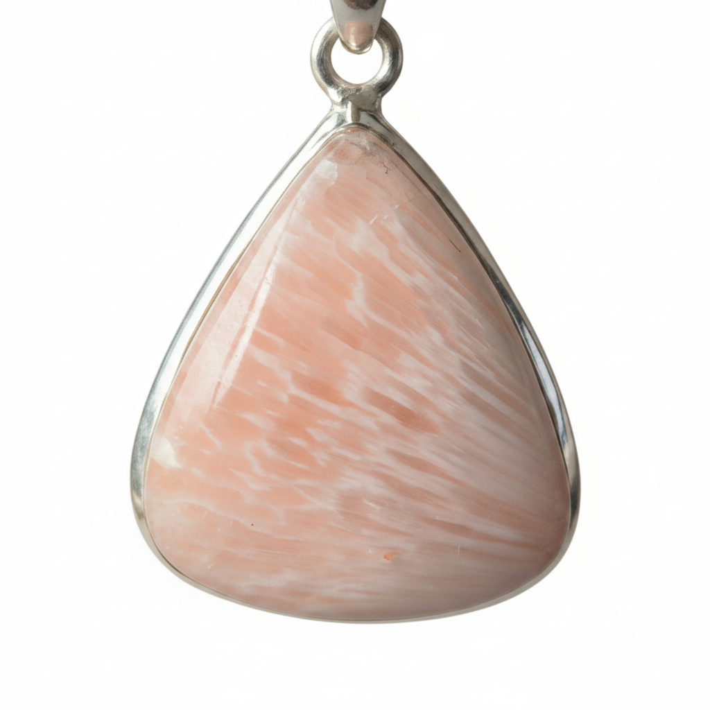 Treasured Energies scolecite teardrop crystal pendant on silver bail against a white background