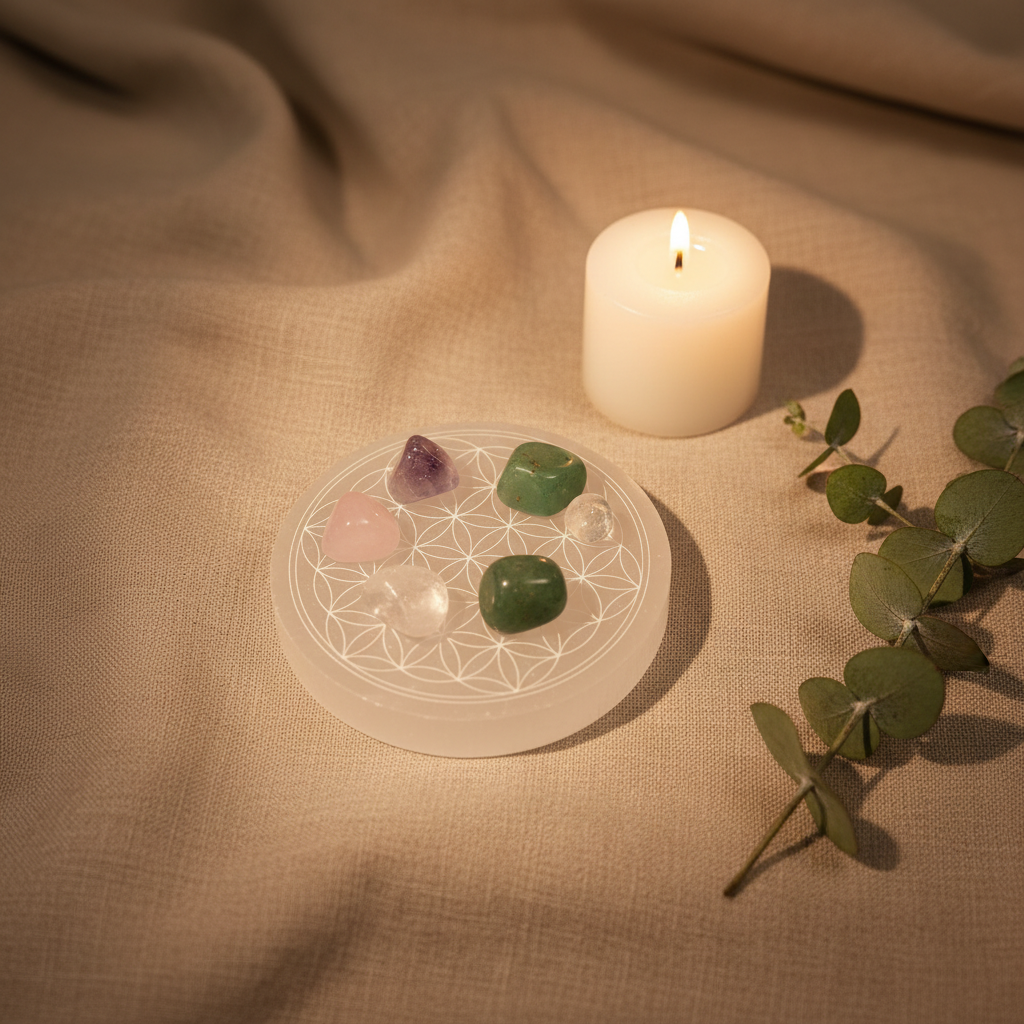 Selenite crystal Engraved Charging Plate - Linen Lifestyle