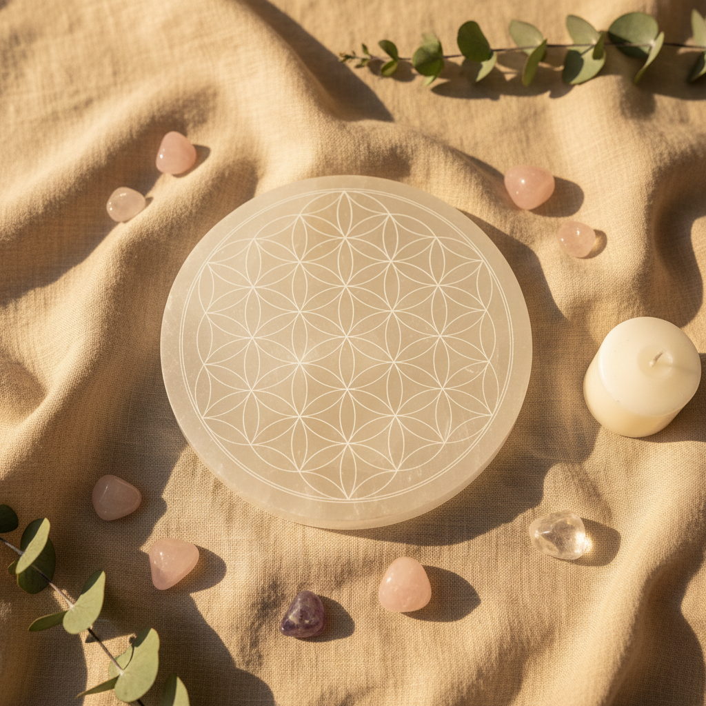 Selenite Flower of Life Charging Plate - Linen Lifestyle