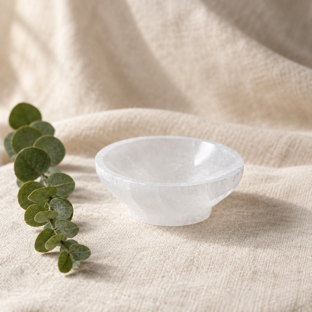 Small selenite bowl on warm linen with eucalyptus