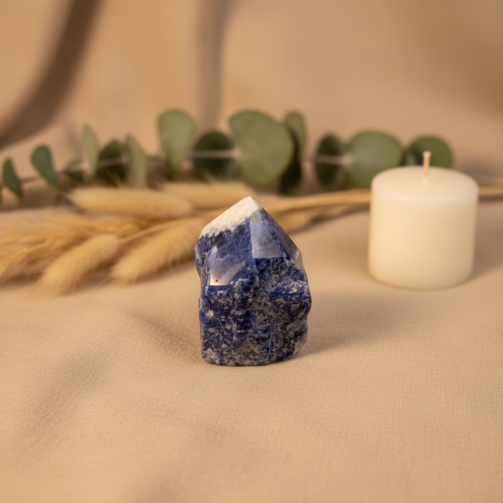 Sodalite Polished Point - Linen Lifestyle
