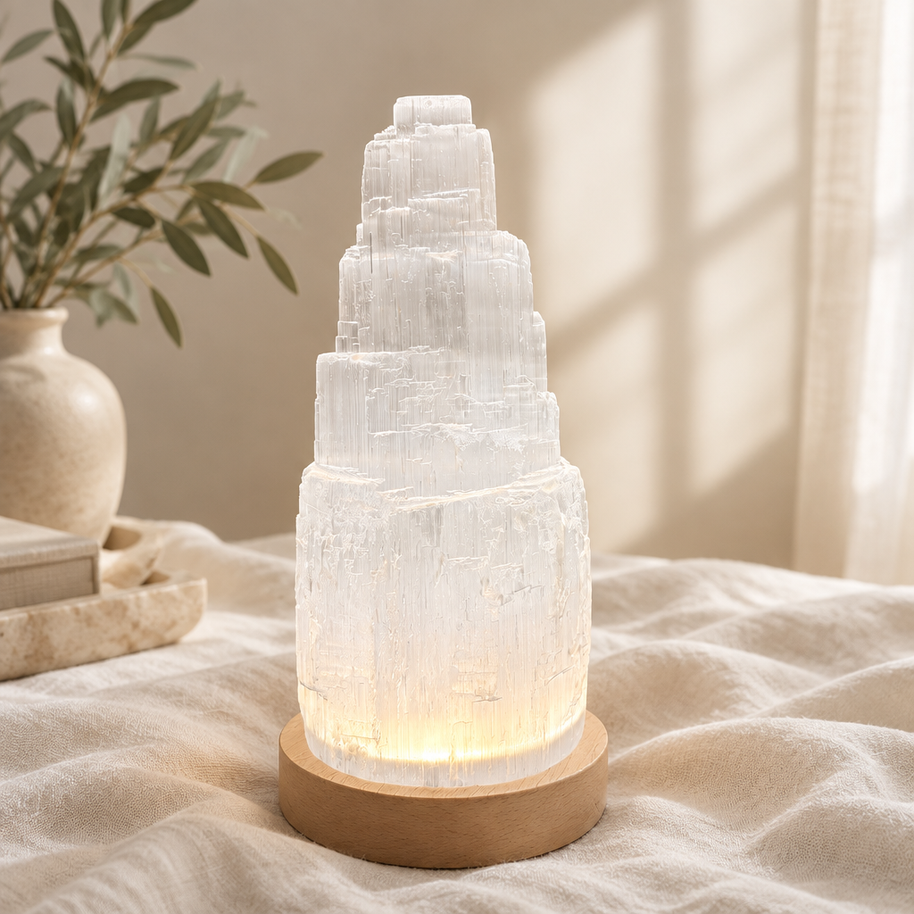 Tiered selenite crystal lamp on warm linen