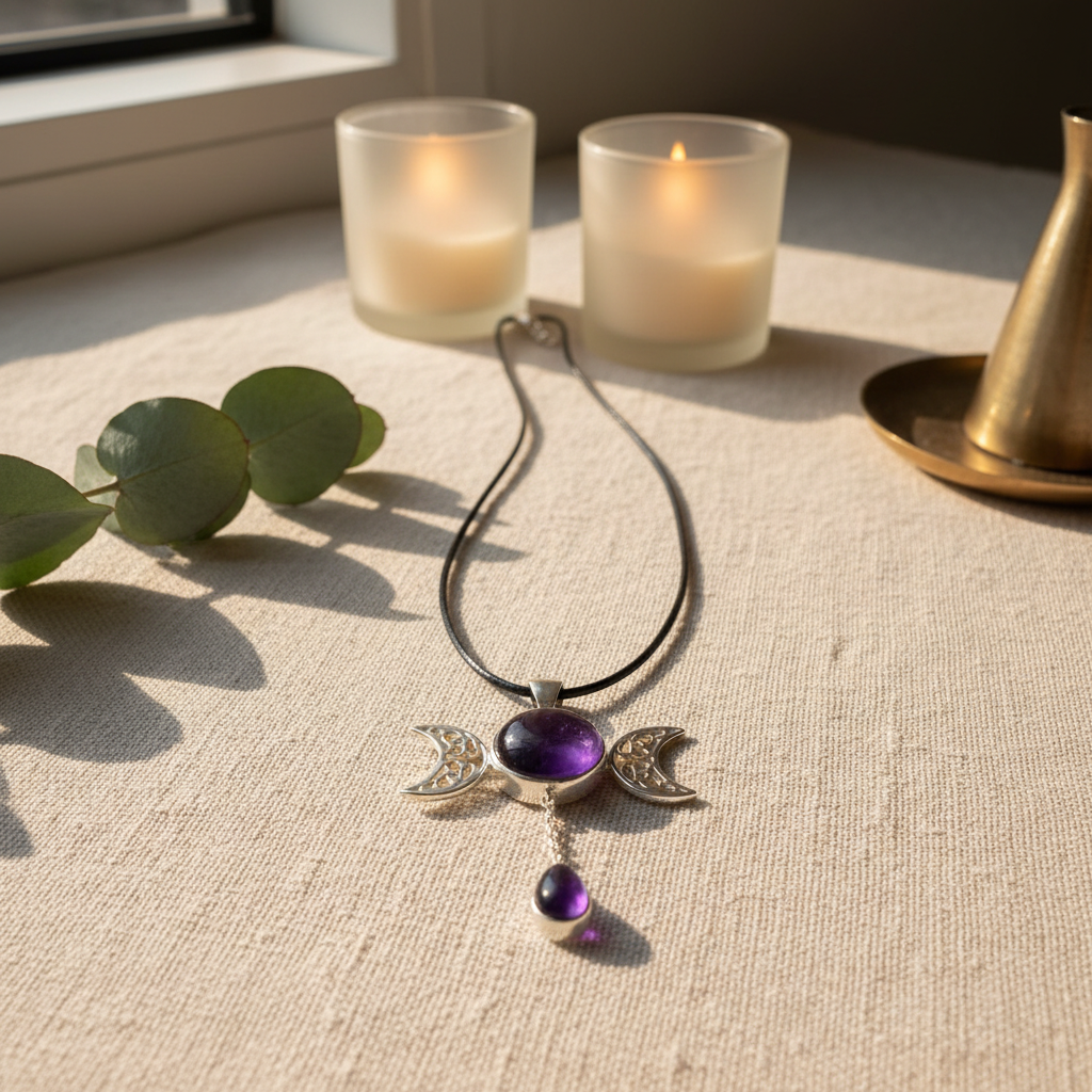 Triple moon amethyst pendant necklace styled on warm linen with eucalyptus and candlelight