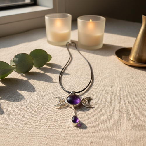 Triple moon amethyst pendant necklace styled on warm linen with eucalyptus and candlelight