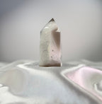 Treasured Energies polished agate crystal point with white and black tones and a sparkling druzy surface.