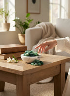 Treasured Energies polished Amazonite tumbled stones in a marble bowl on a wooden table with a hand reaching towards them