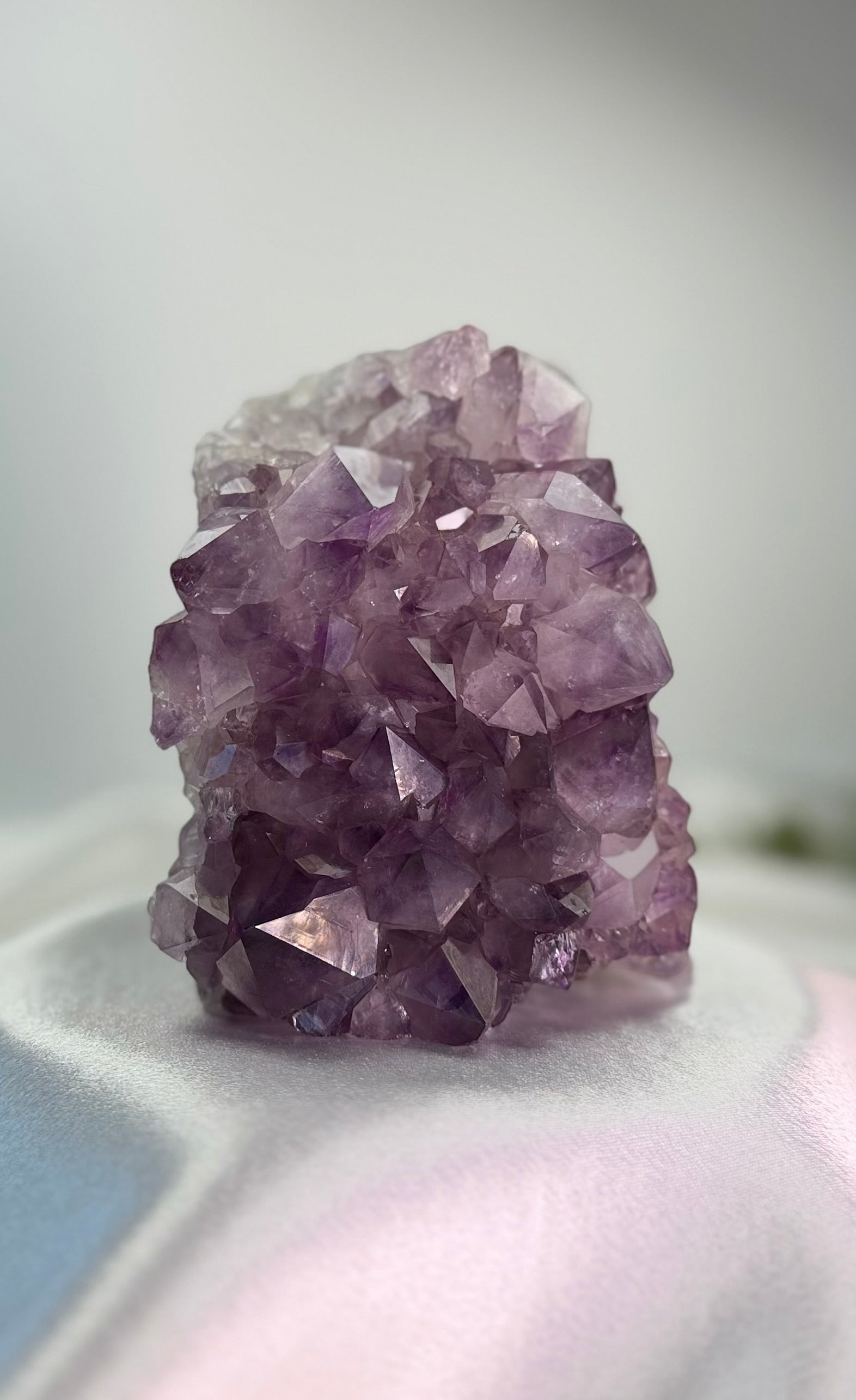 Treasured Energies natural amethyst crystal cluster with deep purple pointed points on a soft white surface