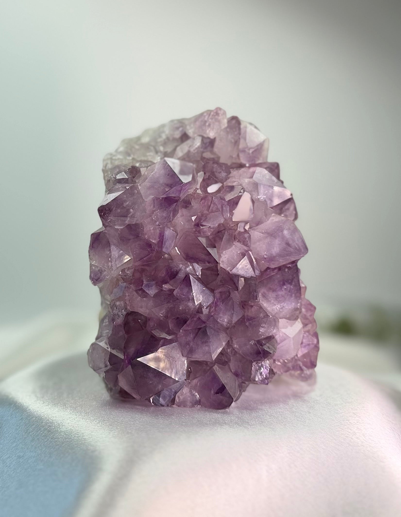 Treasured Energies natural purple amethyst crystal cluster specimen with pointed geometric formations