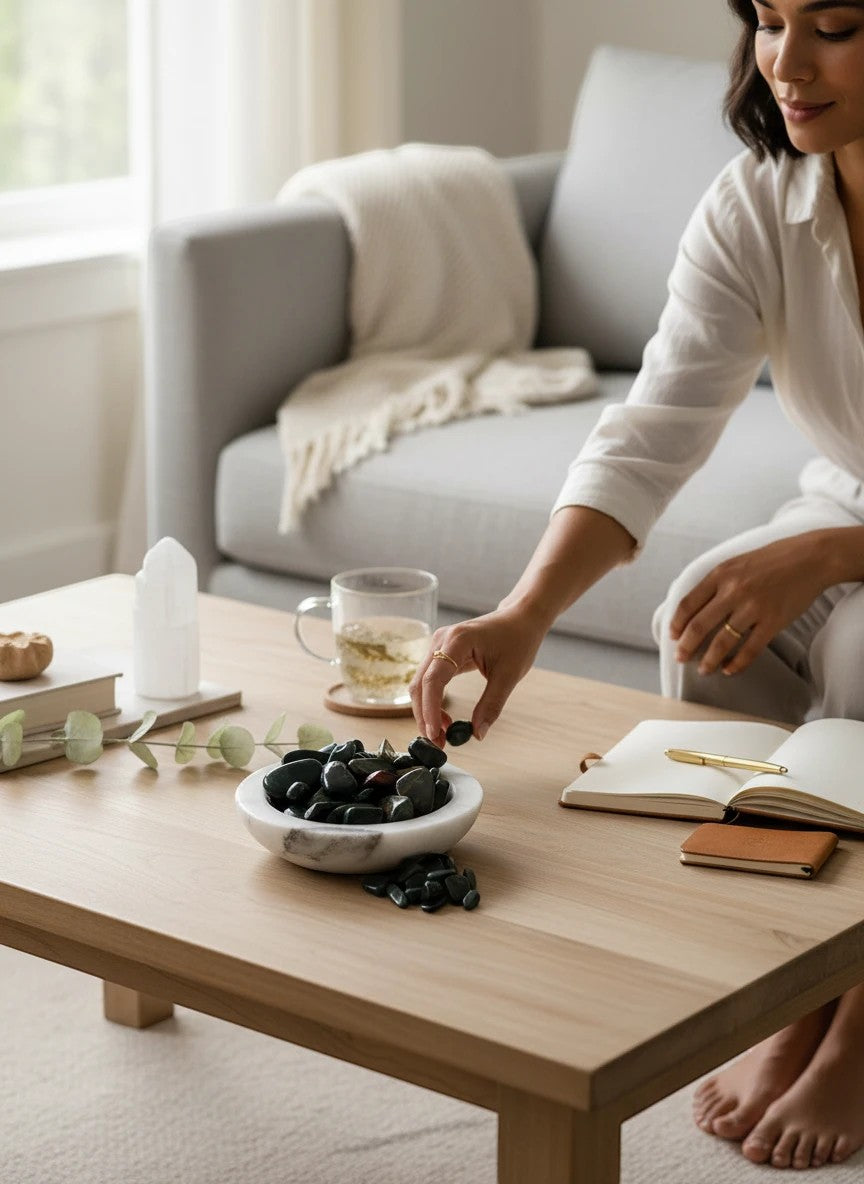 Treasured Energies polished bloodstone tumbled gemstones in a white marble bowl on a wooden coffee table