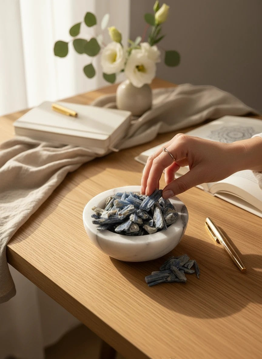 Treasured Energies natural blue kyanite crystal stones in a marble bowl on a wooden desk with a hand reaching for one.
