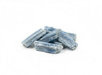 Treasured Energies tumbled blue kyanite crystals with natural striated texture and vibrant blue hues on white background.