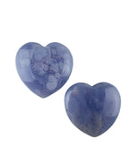 Two polished Blue Lace Agate crystal hearts from Treasured Energies with soft blue and white banded patterns.