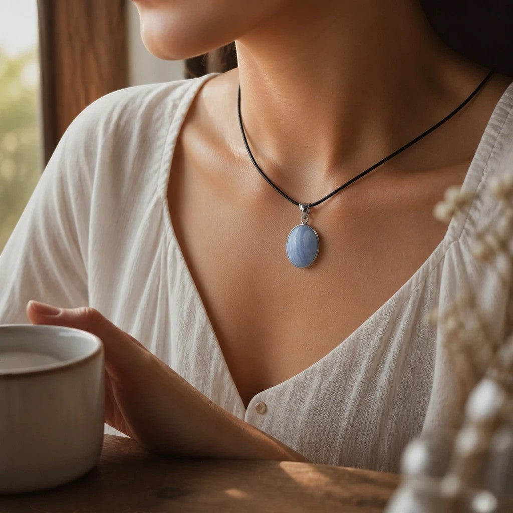 Treasured Energies blue lace agate pendant necklace with a matte finish on a black cord worn by a woman in a white shirt.